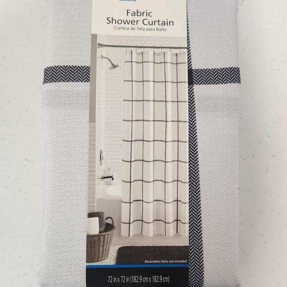 New Fabric Shower Curtain White With Black Window-Pane Design - Picture 1 of 5
